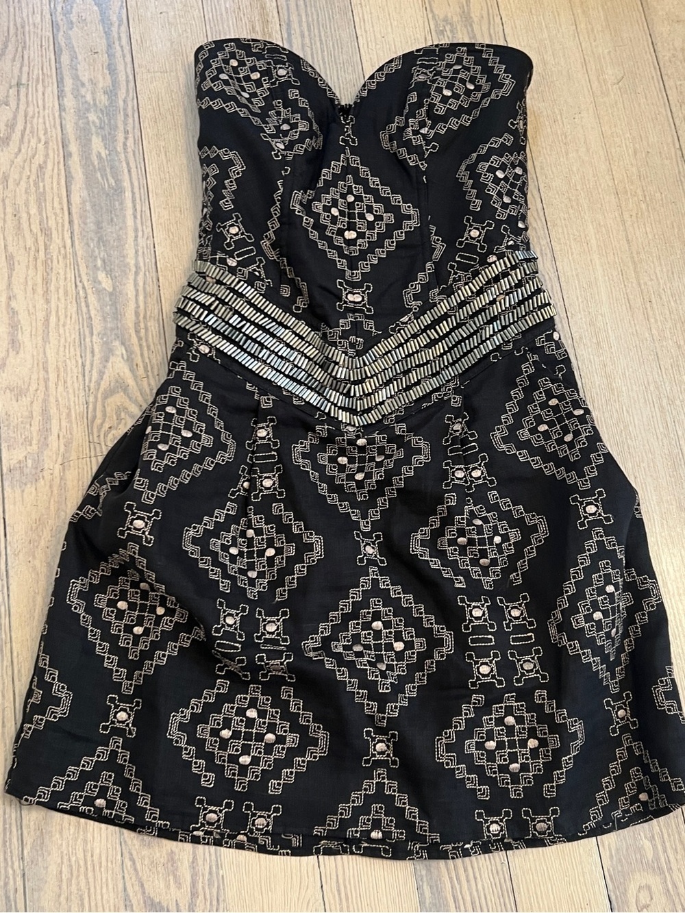 Parker Strapless Black Embroidered Beaded Fit & Flare Cocktail Dress Size S